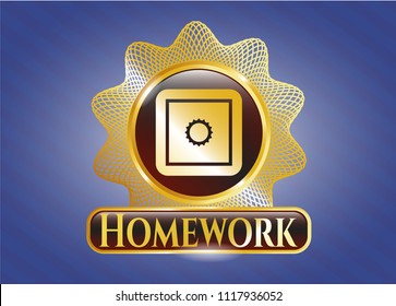  Gold shiny emblem with bank safe icon and Homework text inside