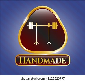  Gold shiny emblem with barbell on rack icon and Handmade text inside