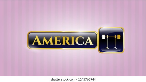  Gold shiny emblem with barbell on rack icon and America text inside