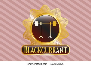  Gold shiny emblem with barbell on rack icon and Blackcurrant text inside