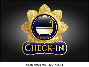  Gold shiny emblem with bathtub icon and Check-in text inside