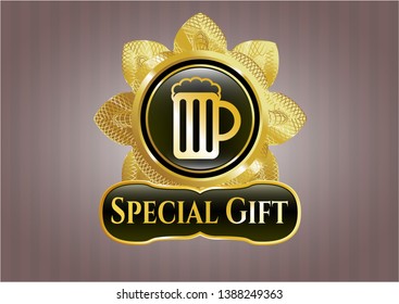  Gold shiny emblem with beer jar icon and Special Gift text inside