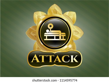 Gold shiny emblem with bench press icon and Attack text inside