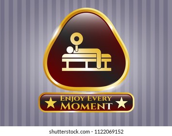  Gold shiny emblem with bench press icon and Enjoy Every Moment text inside