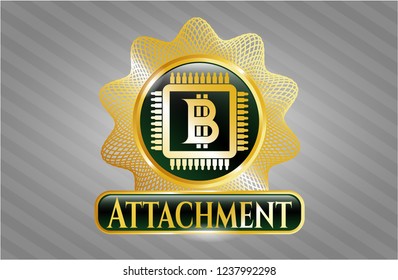  Gold shiny emblem with bitcoin chip (cryptocurrency mining concept) icon and Attachment text inside