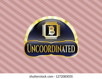  Gold Shiny Emblem With Bitcoin Chip (cryptocurrency Mining Concept) Icon And Uncoordinated Text Inside