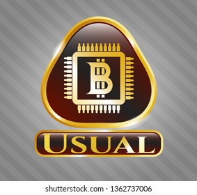  Gold shiny emblem with bitcoin chip (cryptocurrency mining concept) icon and Usual text inside