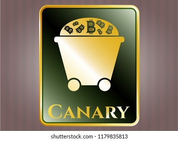  Gold shiny emblem with Bitcoin mining trolley icon and Canary text inside