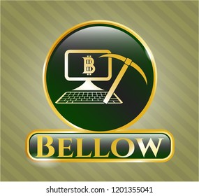  Gold shiny emblem with bitcoin mining icon and Bellow text inside