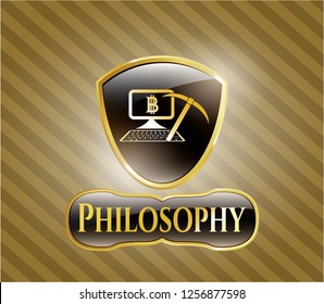  Gold shiny emblem with bitcoin mining icon and Philosophy text inside