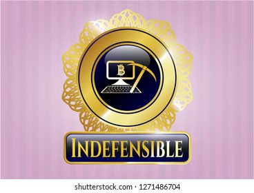  Gold shiny emblem with bitcoin mining icon and Indefensible text inside