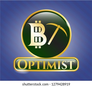  Gold shiny emblem with bitcoin mining icon and Optimist text inside