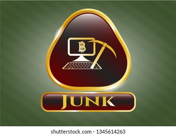  Gold shiny emblem with bitcoin mining icon and Junk text inside
