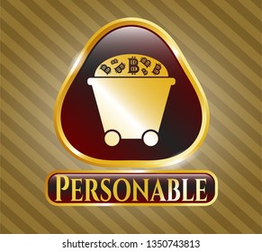  Gold shiny emblem with Bitcoin mining trolley icon and Personable text inside