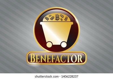  Gold shiny emblem with Bitcoin mining trolley icon and Benefactor text inside
