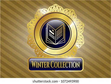   Gold shiny emblem with book icon and Winter Collection text inside