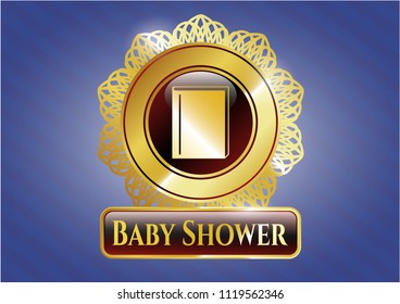  Gold shiny emblem with book icon and Baby Shower text inside