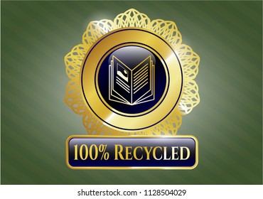  Gold shiny emblem with book icon and 100% Recycled text inside