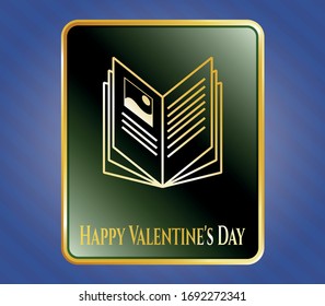  Gold shiny emblem with book icon and Happy Valentine's Day text inside