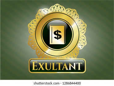  Gold shiny emblem with book with money symbol inside icon and Exultant text inside