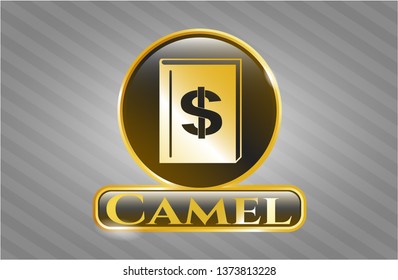  Gold shiny emblem with book with money symbol inside icon and Camel text inside