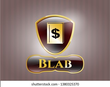  Gold shiny emblem with book with money symbol inside icon and Blab text inside
