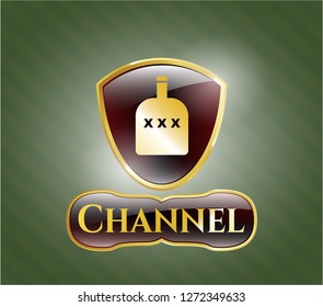  Gold shiny emblem with bottle of alcohol icon and Channel text inside