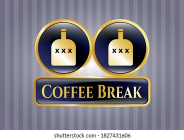 Gold shiny emblem with bottle of alcohol icon and Coffee Break text inside