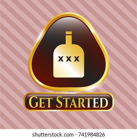  Gold shiny emblem with bottle of alcohol icon and Get Started text inside