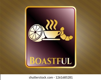  Gold shiny emblem with breakfast  icon and Boastful text inside