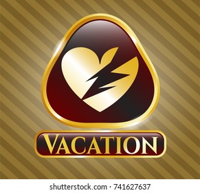  Gold shiny emblem with broken heart icon and Vacation text inside