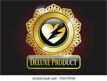  Gold shiny emblem with broken heart icon and Deluxe Product text inside
