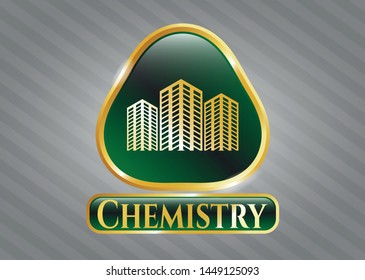  Gold shiny emblem with buildings icon and Chemistry text inside