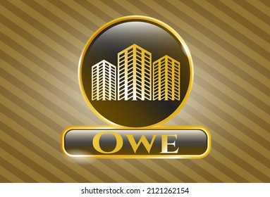 Gold shiny emblem with buildings icon and Owe text inside