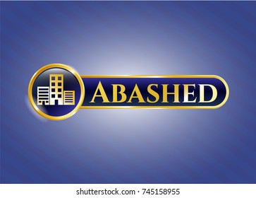  Gold shiny emblem with buildings icon and Abashed text inside