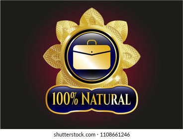 Gold shiny emblem with business briefcase icon and 100% Natural text inside