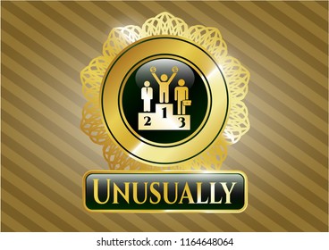  Gold shiny emblem with business competition, podium icon and Unusually text inside