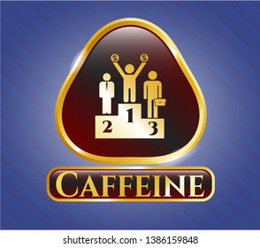 Gold shiny emblem with business competition, podium icon and Caffeine text inside