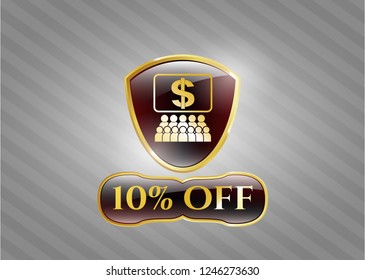  Gold shiny emblem with business congress icon and 10% Off text inside