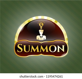  Gold shiny emblem with business idea icon and Summon text inside