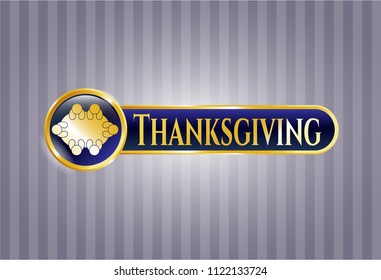  Gold shiny emblem with business meeting teamwork icon and Thanksgiving text inside