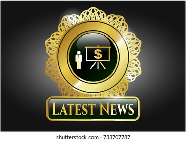  Gold shiny emblem with business presentation icon and Latest News text inside