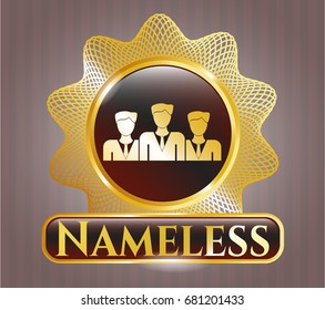  Gold shiny emblem with Business Teamwork icon and Nameless text inside