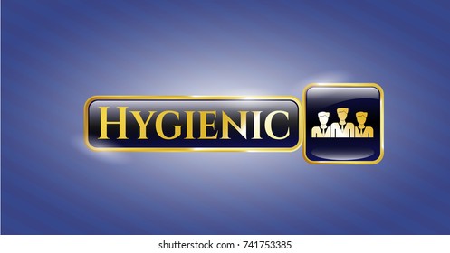  Gold shiny emblem with business teamwork icon and Hygienic text inside
