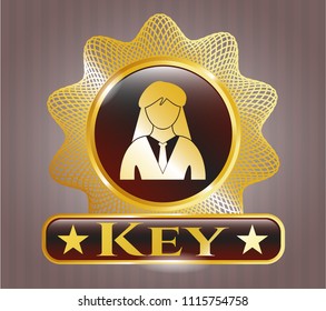  Gold shiny emblem with businesswoman icon and Key text inside