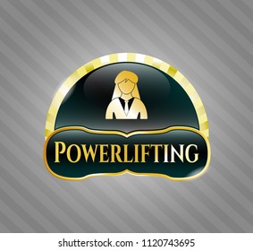  Gold shiny emblem with businesswoman icon and Powerlifting text inside