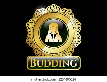  Gold shiny emblem with businesswoman icon and Budding text inside