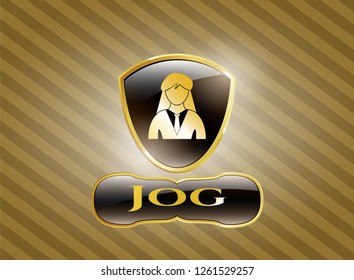  Gold shiny emblem with businesswoman icon and Jog text inside