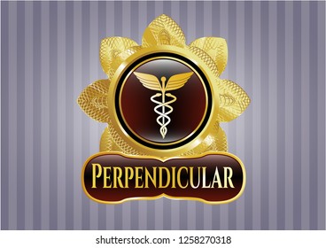  Gold shiny emblem with Caduceus medical icon and Perpendicular text inside