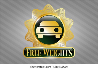  Gold shiny emblem with car seen from front icon and Free Weights text inside